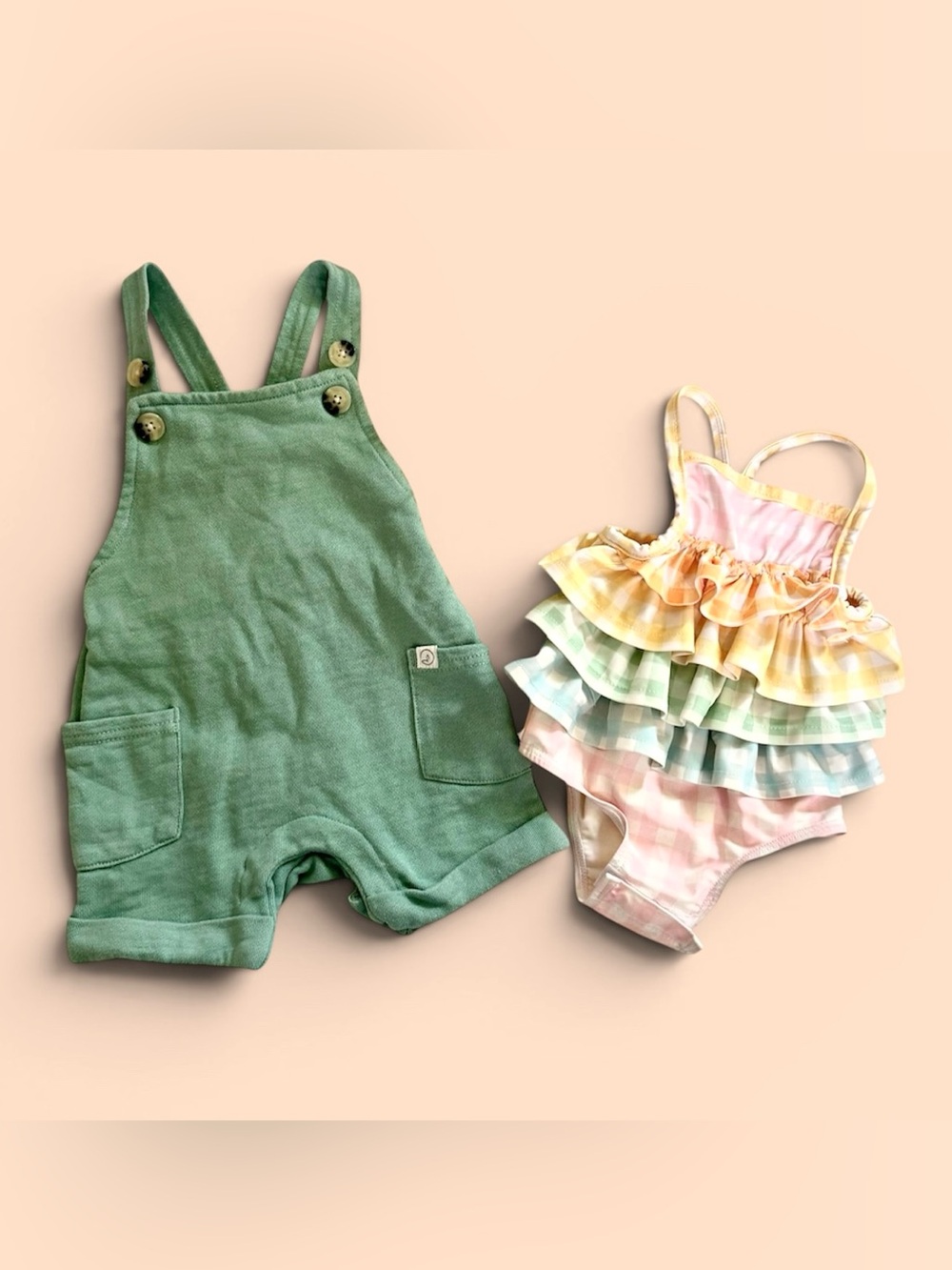 Mudpie Gingham Ruffle Swim suit 6-9 m Green Organic Romper Overalls